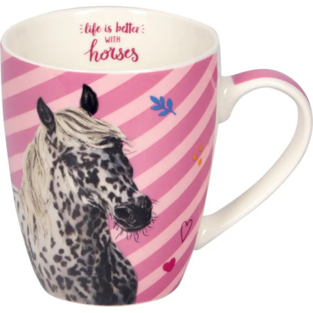 Rosa Tasse mit Pferdemotiv, rosa Streifen und dem Schriftzug Life is better with horses am inneren Rand.