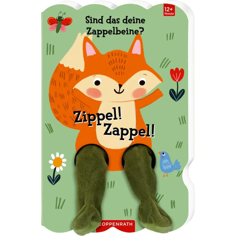 Illustrierter Fuchs auf grünem Buchcover mit Plüschbeinen, deutschem Text, umgeben von Blumen und Tieren.