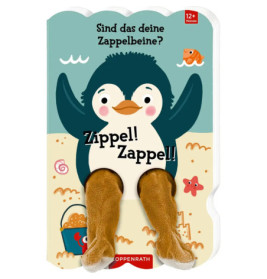 Pinguin-Buchcover mit Plüschbeinen und dem Titel Sind das deine Zappelbeine? Zippel! Zappel!!.