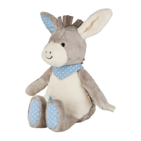 Graues Kuscheltier-Eselchen mit blauen und weißen Tupfen-Details und freundlichem Lächeln.