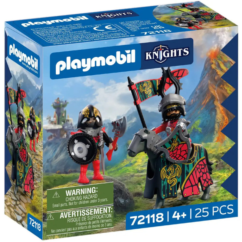 Playmobil Knights Set mit 25 Teilen: Box zeigt zwei Ritter und ein Pferd in mittelalterlicher Rüstung.