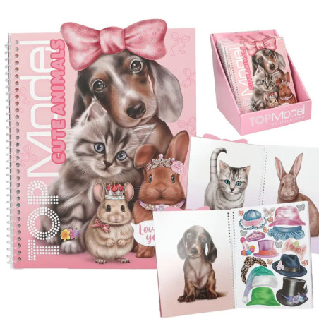Rosa TOP Model Cute Animals Notizbuch mit Hund-, Katzen- und Hasenmotiven, inklusive Stickerbögen.
