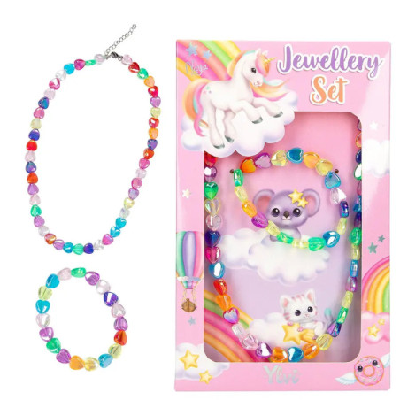 Schmuckset mit bunten Herzperlen, Kette, Armband und pinker Box mit Einhorn-, Koala- und Katzendesigns.