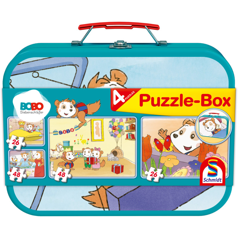 Puzzlebox für Kinder mit Cartoon-Tieren, vier illustrierten Puzzles und blauem Tragegriff oben.