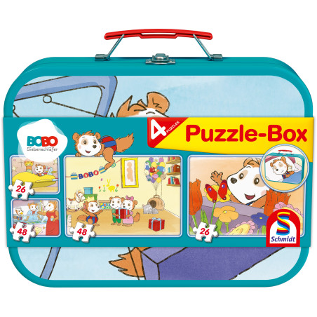 Puzzlebox für Kinder mit Cartoon-Tieren, vier illustrierten Puzzles und blauem Tragegriff oben.