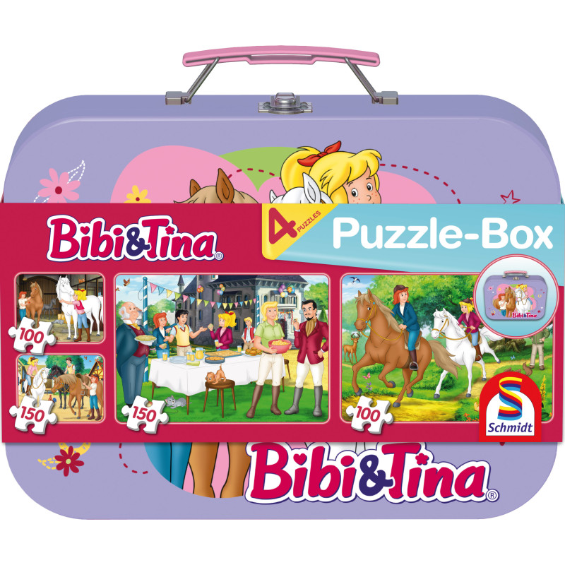 Lila Bibi & Tina Puzzlebox mit Pferde- und Mädchenmotiven, zeigt vier bunte Puzzlebilder.