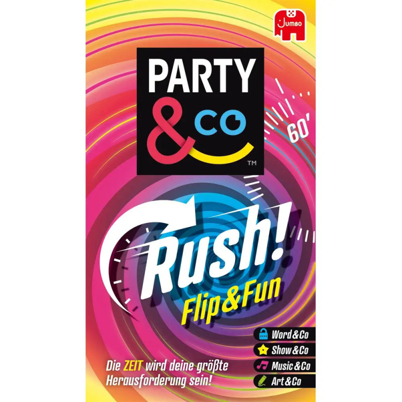 Bunte Kartenspiel-Box Party & Co Rush! Flip & Fun mit deutschem Text vor lebhaftem Wirbelmuster.