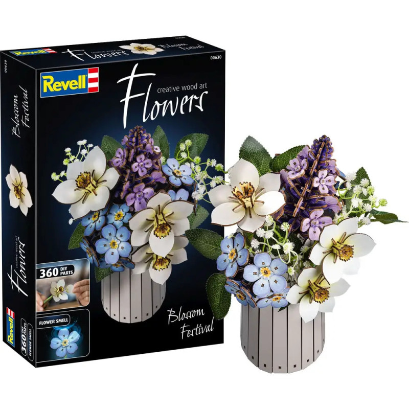 Revell Bastelset: Holzblumen in kleinem Topf, Verpackung mit Aufschrift Flowers: Blütenfest.