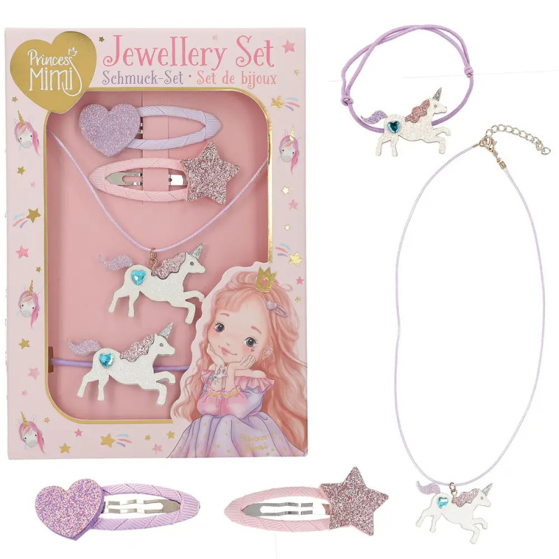 Pinkes Schmuckset mit Einhorn- und Sternmotiven: Kette, Armband, Haarspangen und verzierte Box.