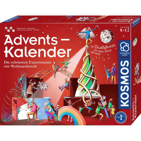 Bunte Adventskalender-Box aus Deutschland mit Kindern, die Weihnachts-Experimente durchführen.