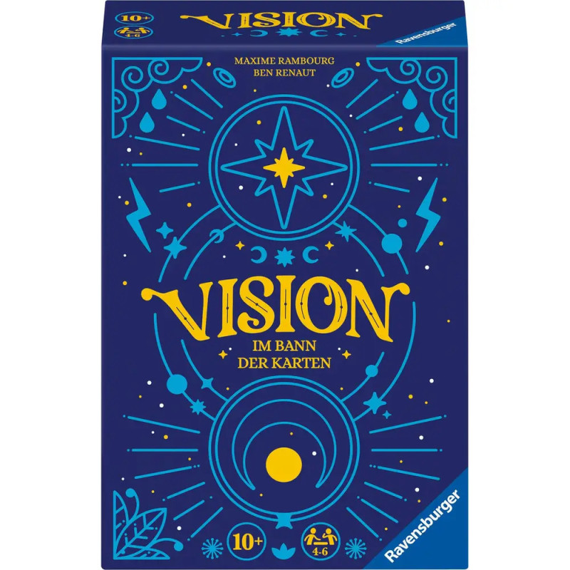 Blaue Spielbox von Vision: Im Bann der Karten mit gelben, mystischen Symbolen und weißen Akzenten.