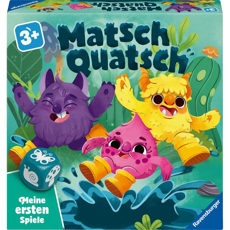 Bunte Spielebox mit drei fröhlichen Monsterfiguren im Wasser. Text: Matsch Quatsch, ab 3 Jahren.