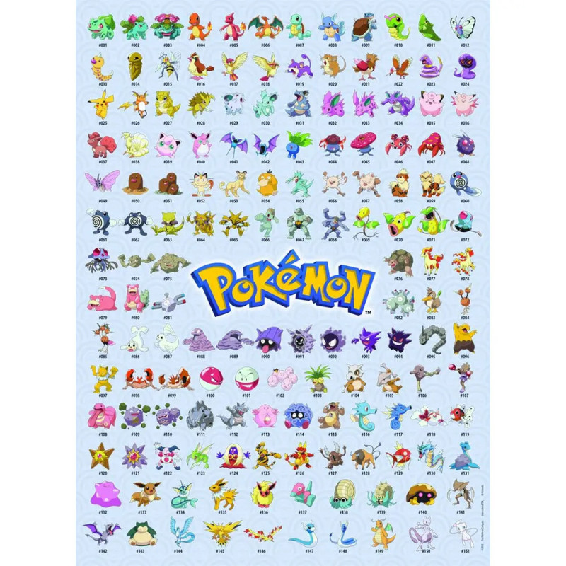 Poster mit allen 151 Pokémon der ersten Generation, zentral das Pokémon-Logo.