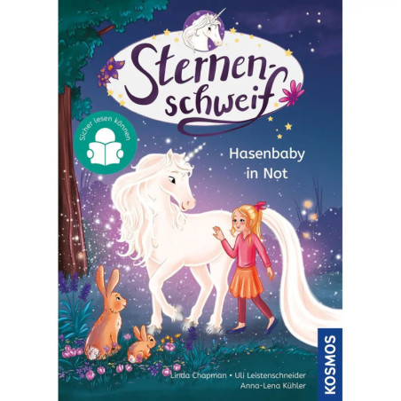 Auf dem Cover von Sternenschweif: Hasenbaby in Not stehen ein Mädchen, ein Einhorn und zwei Kaninchen im Wald.