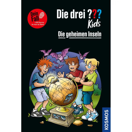 Drei Kinder stehen um einen leuchtenden Globus, Fledermäuse fliegen darüber. Buchtitel: Die drei ??? Kinder.