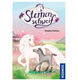Gezeichnetes Einhorn mit Fohlen in magischer Landschaft, oben der deutsche Titel "Sternenschweif: Zauberfohlen".