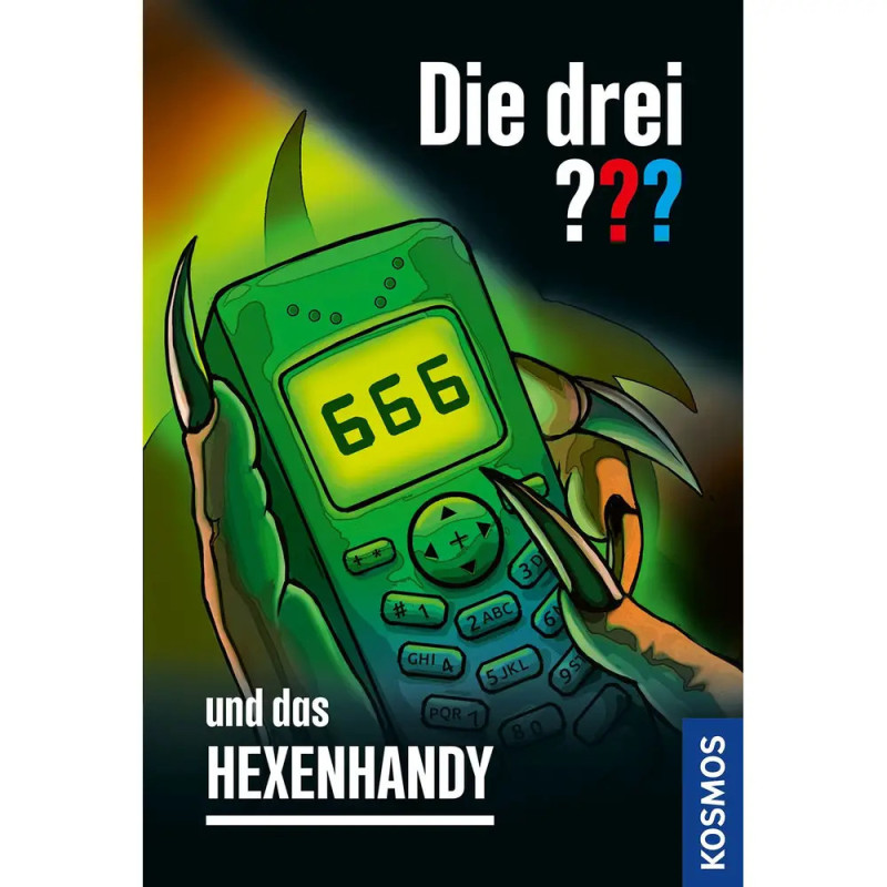 Eine Klaue hält ein grünes Handy mit 666 auf dem Display darauf steht: Die drei ??? und das HEXENHANDY.