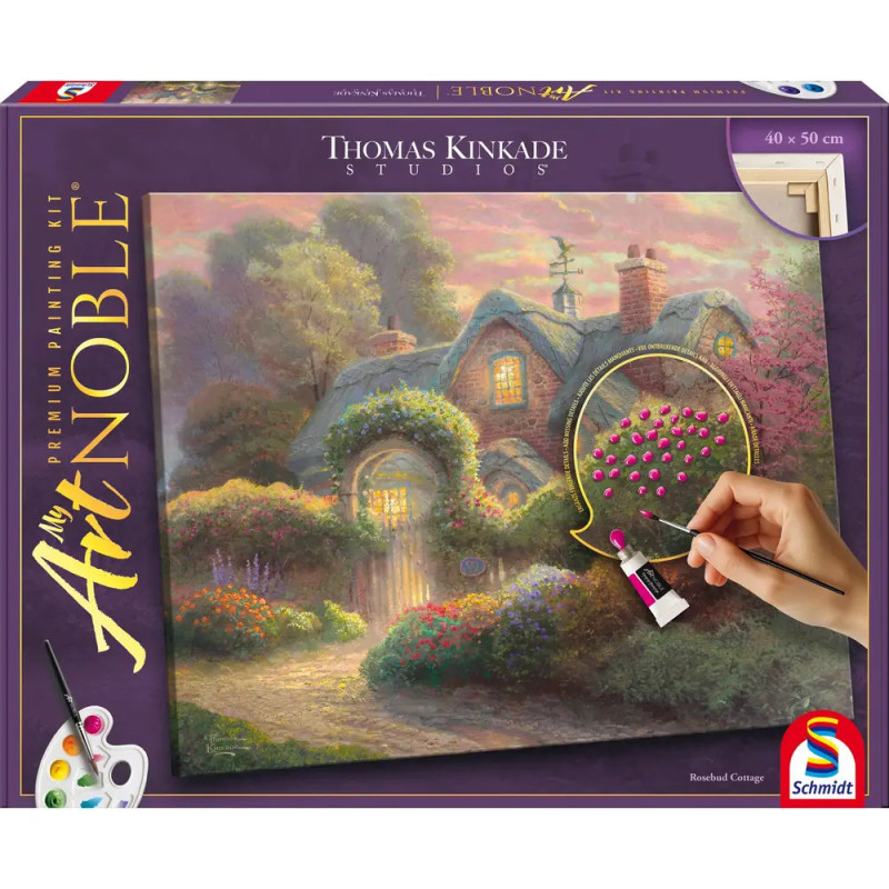 Box eines Thomas-Kinkade-Malsets mit Häuschenszene und einer Hand, die nummerierte rosa Blumen ausmalt.