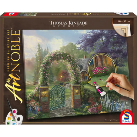 Malkasten mit Gartenpfortenbild von Thomas Kinkade und einer Hand, die rosa Blumen malt.
