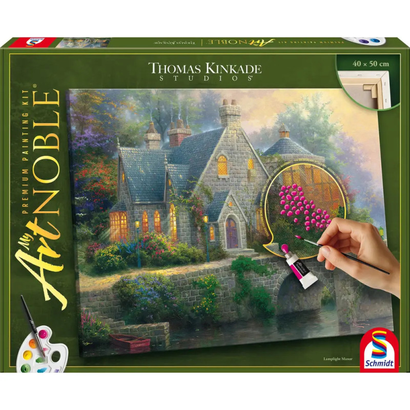 Eine Hand malt Blumen auf ein Thomas-Kinkade-Häuschen auf einem Premium-Malkasten von Schmidt.