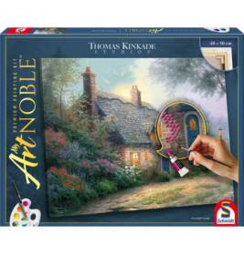 Malkasten mit einem Handmotiv, das rosa Blumen auf ein Cottage von Thomas Kinkade (Moonlight Cottage) malt.