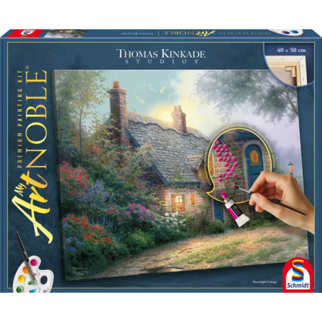 Malkasten mit einem Handmotiv, das rosa Blumen auf ein Cottage von Thomas Kinkade (Moonlight Cottage) malt.