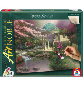 Malkasten mit Motiv: Hand malt einen Garten mit Bach, Blumen und Pavillon mit Kuppel.