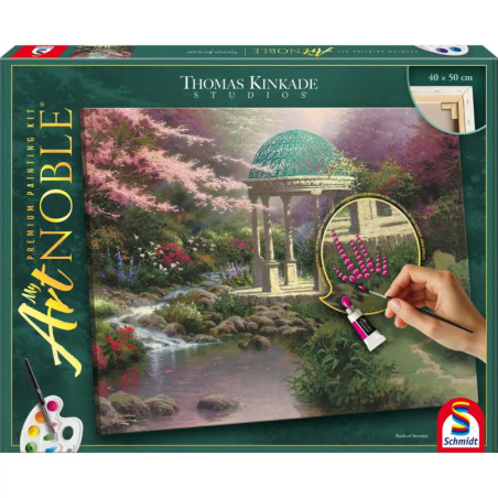 Malkasten mit Motiv: Hand malt einen Garten mit Bach, Blumen und Pavillon mit Kuppel.