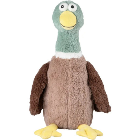 Stoffente mit grünem Kopf, gelbem Schnabel und Füßen, braunem Körper und weißem Hals.