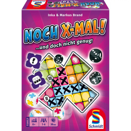 Bunte Noch X-Mal!-Spielschachtel mit X-förmigem Spielfeld und Würfeln auf pinkem Hintergrund.