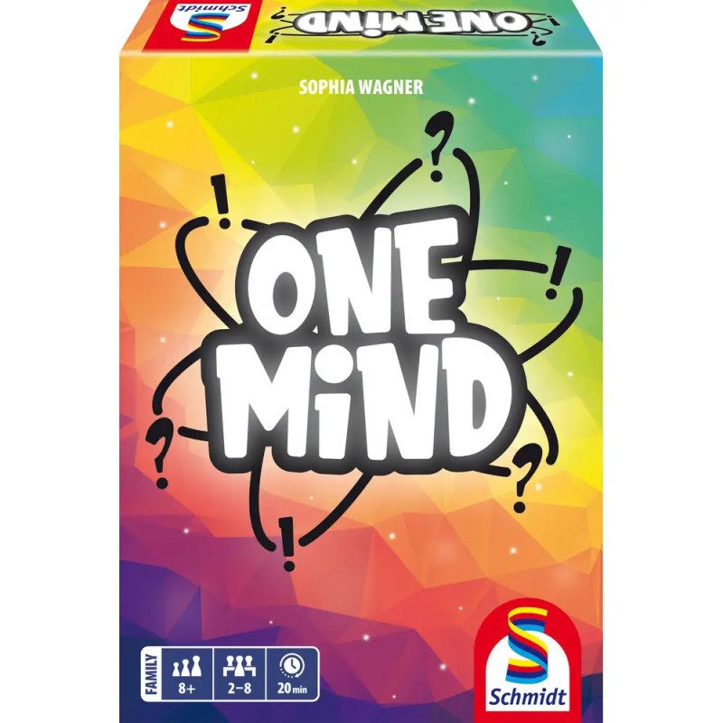 Bunte Brettspielschachtel mit ONE MIND in fetten Buchstaben, umgeben von Fragezeichen und Regenbogenhintergrund.