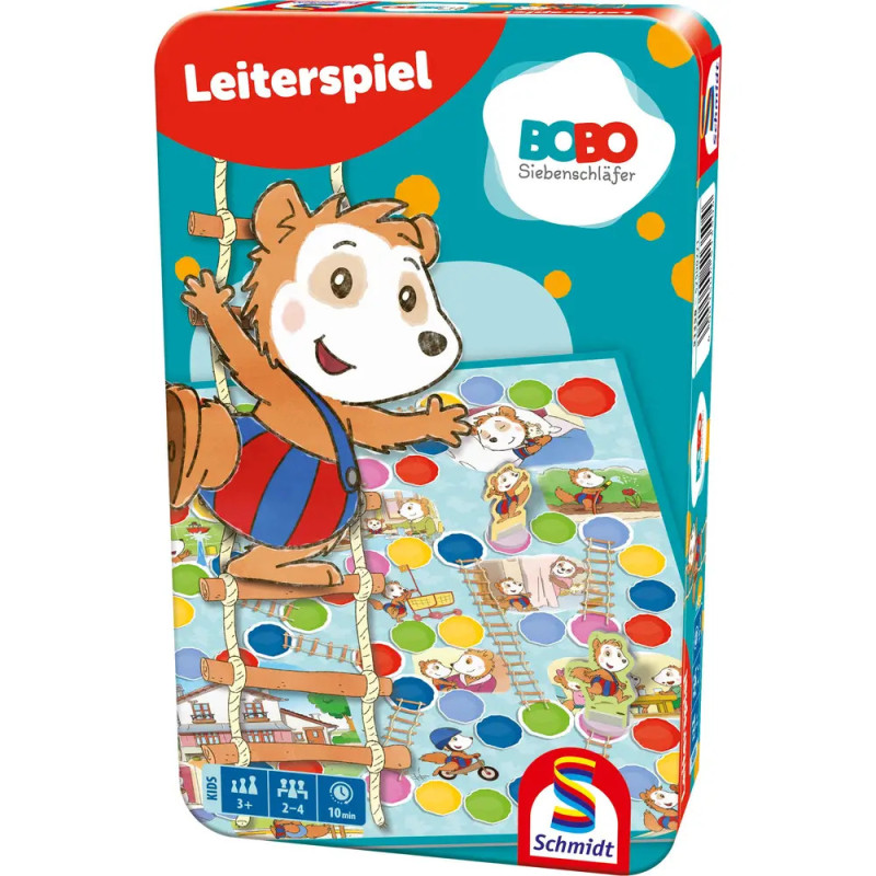 Bunte Spieleschachtel mit einem Cartoon-Bären auf einer Leiter. Titel: Leiterspiel von Schmidt.