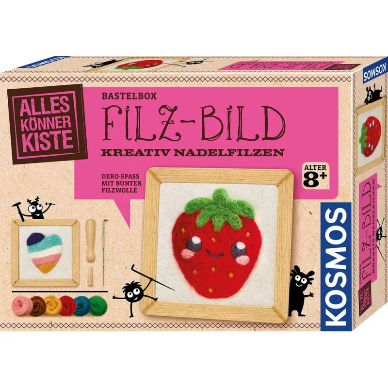 Bastelset für Nadelfilzen mit gerahmter Filz-Erdbeere und farbigen Filzformen.
