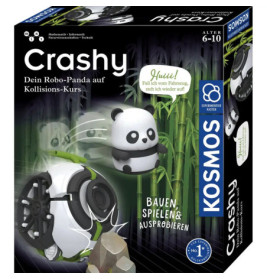 Kosmos-Box des Crashy Robo-Panda Spielzeugs mit Panda-Roboter und bambusverziertem Hintergrund.