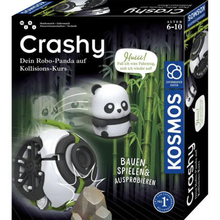Kosmos-Box des Crashy Robo-Panda Spielzeugs mit Panda-Roboter und bambusverziertem Hintergrund.