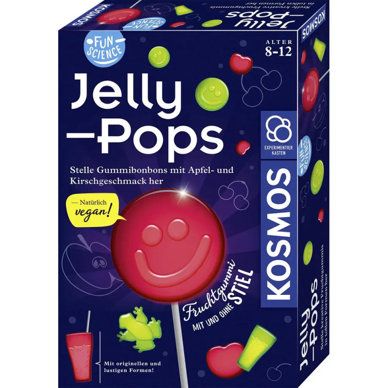 Jelly Pops Wissenschafts-Set für 8-12-Jährige mit lächelndem Lolli und Fruchtmotiven auf der Verpackung.