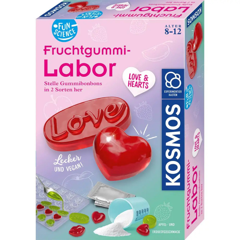 Kosmos Gummibärchen-Labor-Set mit Herz- und Liebes-Gummis auf lila-pinkem Hintergrund.