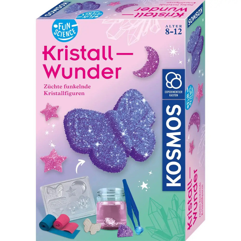 Kristall-Wunder-Experimentierkasten mit funkelnden Kristallen und Bastelmaterial, geeignet für Kinder von 8-12 Jahren.
