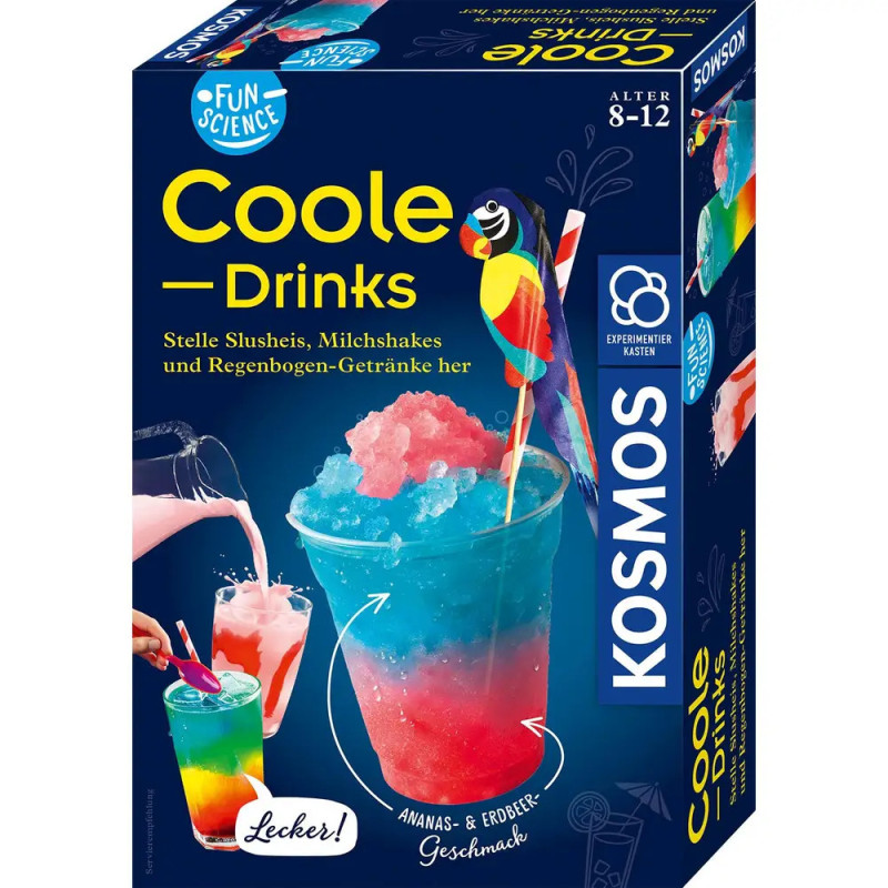 Box des Coole Drinks Wissenschaftskits für Kinder mit bunten Slushies und einem Papagei auf der Verpackung.