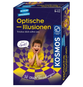 Ein überraschter Junge auf der Verpackung eines KOSMOS-Optik-Spielsets für 8- bis 12-Jährige.
