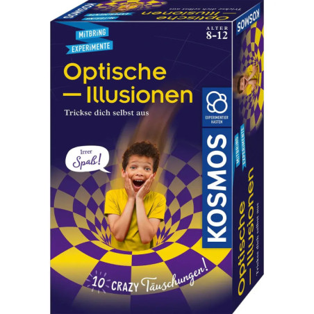 Ein überraschter Junge auf der Verpackung eines KOSMOS-Optik-Spielsets für 8- bis 12-Jährige.