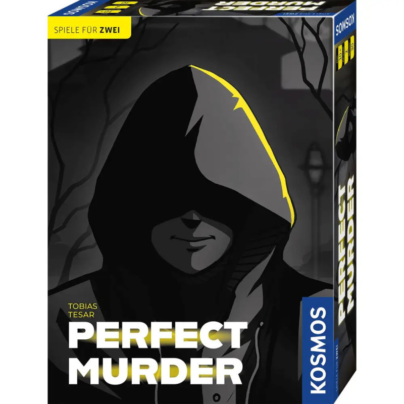 Brettspielbox Perfect Murder mit Kapuzengestalt in schattiger, noirartiger Schwarz-Gelb-Optik.