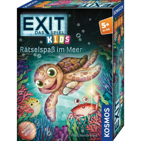 Bunte EXIT Kids Spielbox mit lächelnder Schildkröte und Fischen unter Wasser, umgeben von Korallen und Pflanzen.