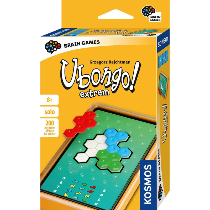 Ubongo! Extreme Brettspielbox mit bunten Puzzleteilen und einem sechseckigen Raster auf der Vorderseite.