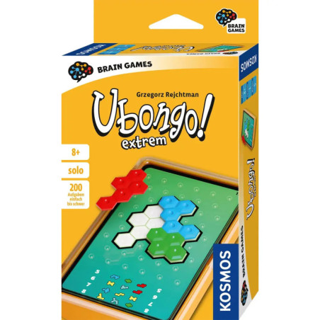 Ubongo! Extreme Brettspielbox mit bunten Puzzleteilen und einem sechseckigen Raster auf der Vorderseite.