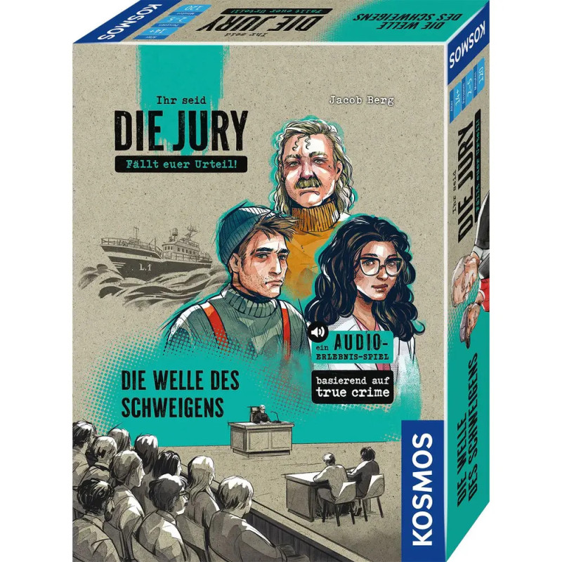 Spielschachtel mit drei Porträts, Gerichtsszene und deutschem Text zu einem True-Crime-Audio-Game.