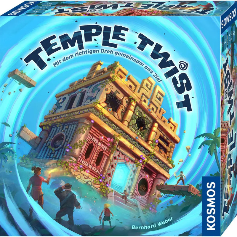 Bunte Temple Twist Brettspiel-Box mit drehbarem Tempel und Abenteurern.