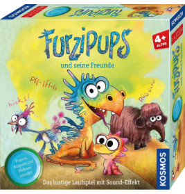 Bunte Spieleschachtel mit Comic-Tieren und dem Titel Furzpups und seine Freunde ab 4 Jahren.