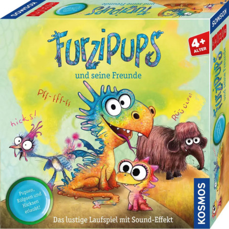 Bunte Spieleschachtel mit Comic-Tieren und dem Titel Furzpups und seine Freunde ab 4 Jahren.