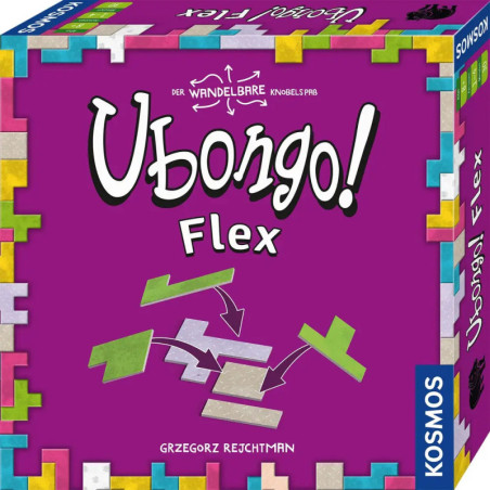 Lila Ubongo! Flexible Spielebox mit bunten Tetris-ähnlichen Formen und weißen Puzzle-Motiven.